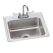Stainless steel drop-in sink with single bowl, white rim, and chrome faucet with two handles and pulldown spout.