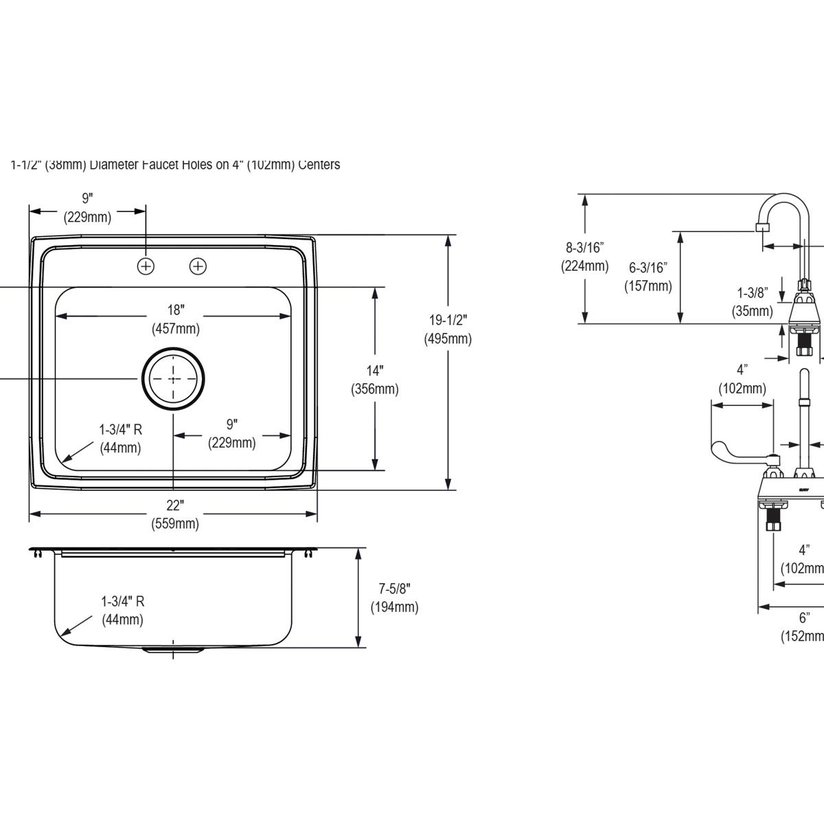 Stainless steel single bowl drop-in sink with two faucet holes and curved arc faucet, shown in top, side, and front views wit