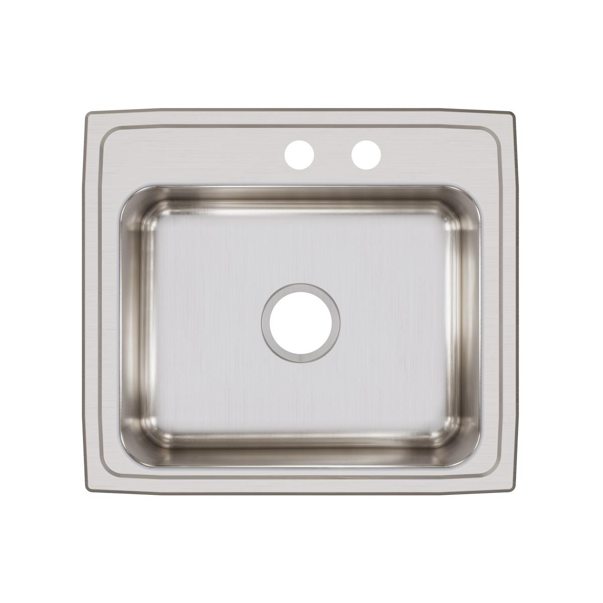 Stainless steel drop-in sink with single bowl, two pre-drilled holes on rim, and brushed finish surface.