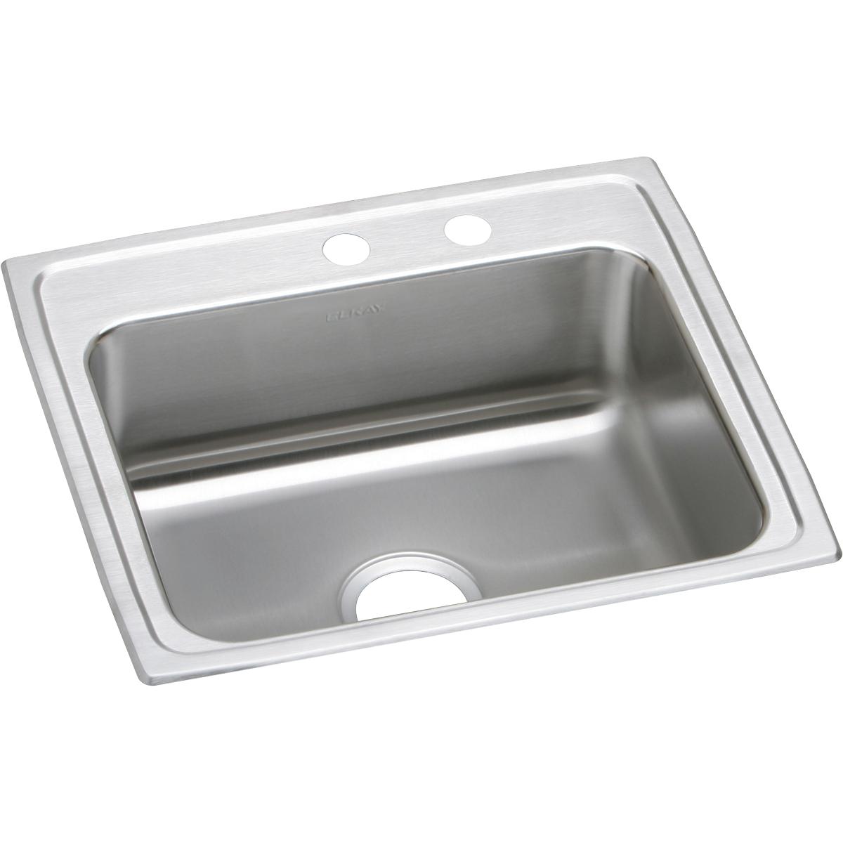 Stainless steel drop-in sink with single bowl, drain hole, and two faucet holes on brushed deck rim.