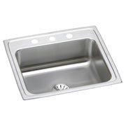 Stainless steel drop-in sink with single bowl, drain opening, and three faucet holes on rim.