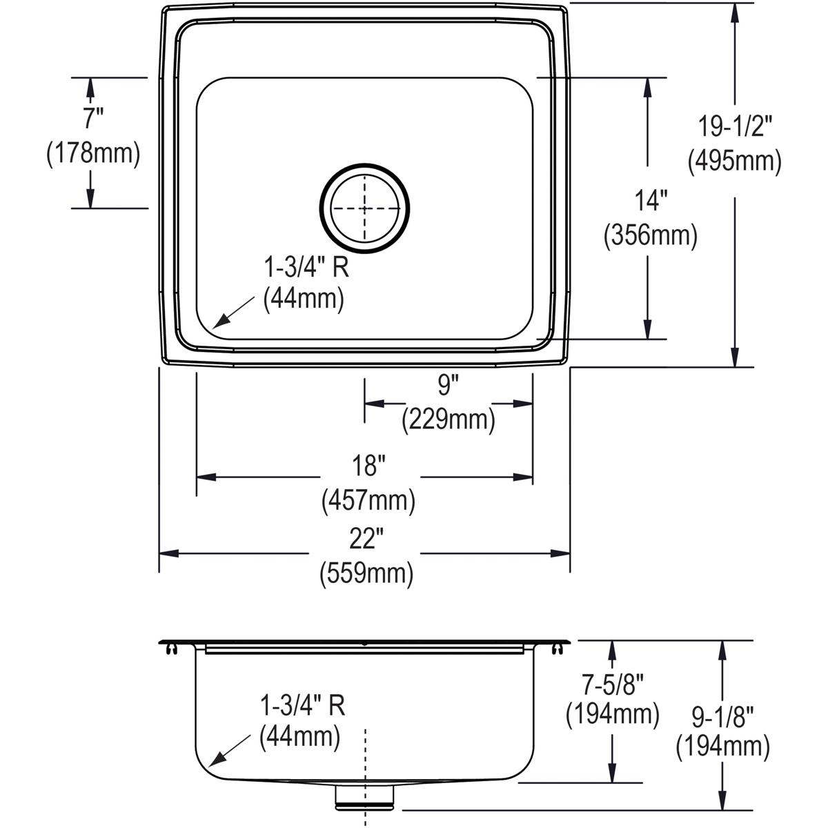 Stainless steel drop-in sink with single bowl, rounded corners, and center drain hole shown in top and side technical views w