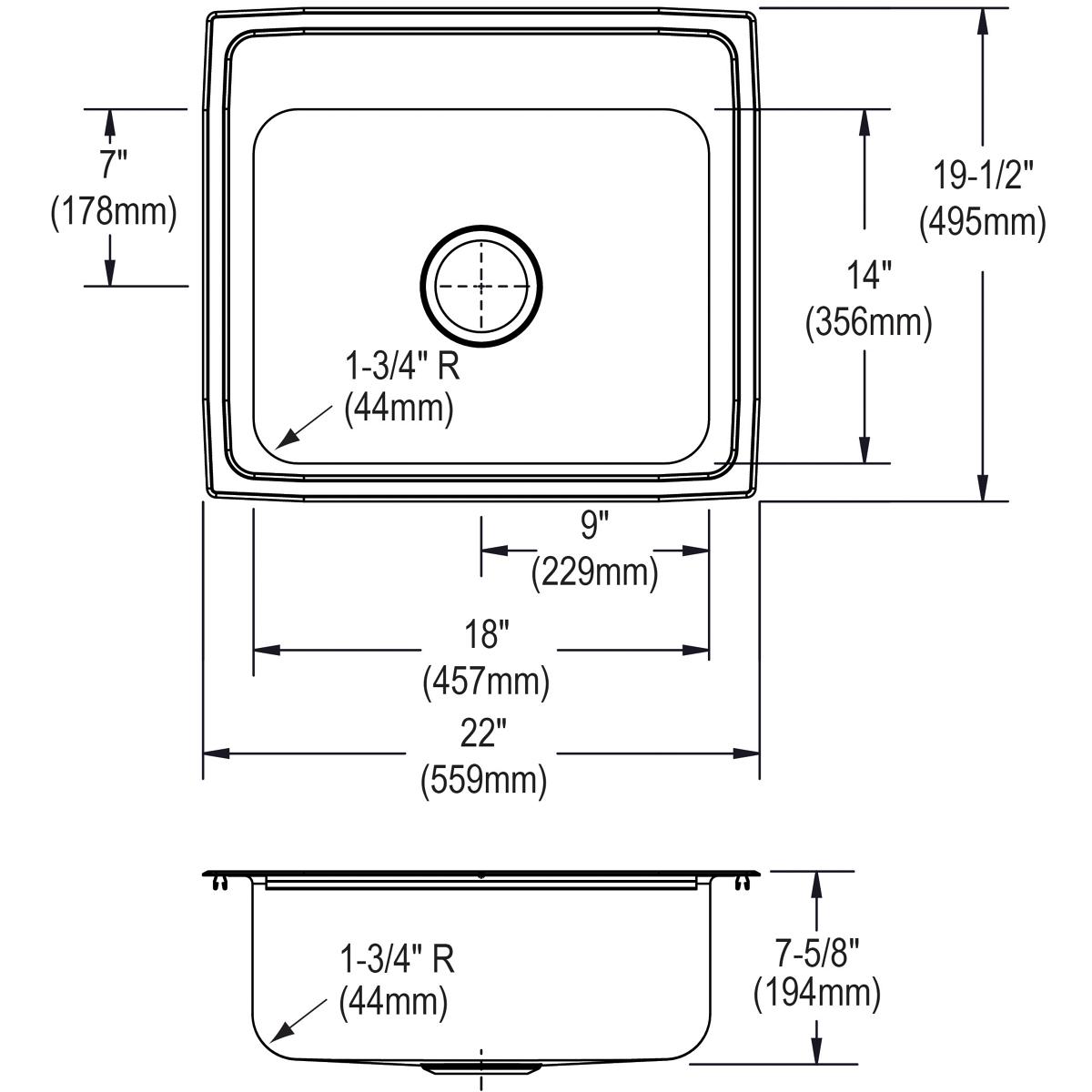 Top and side view technical drawing of single bowl drop-in sink with dimensions and 1-hole faucet placement marked.