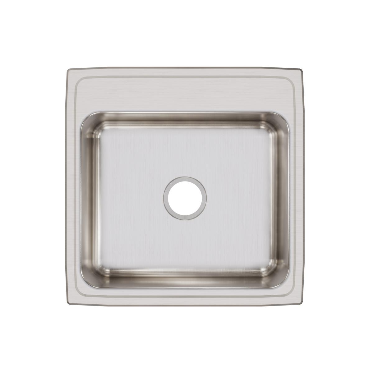 Stainless steel drop-in sink with single square bowl and drain hole, viewed from above.