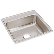 Stainless steel square drop-in sink with single bowl and drain hole, brushed finish.