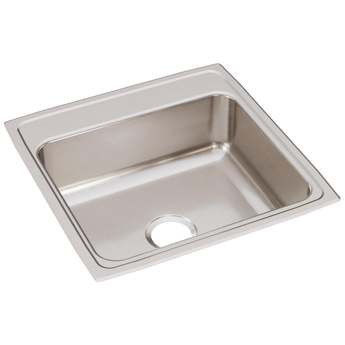 Stainless steel square drop-in sink with single bowl and drain hole, brushed finish.