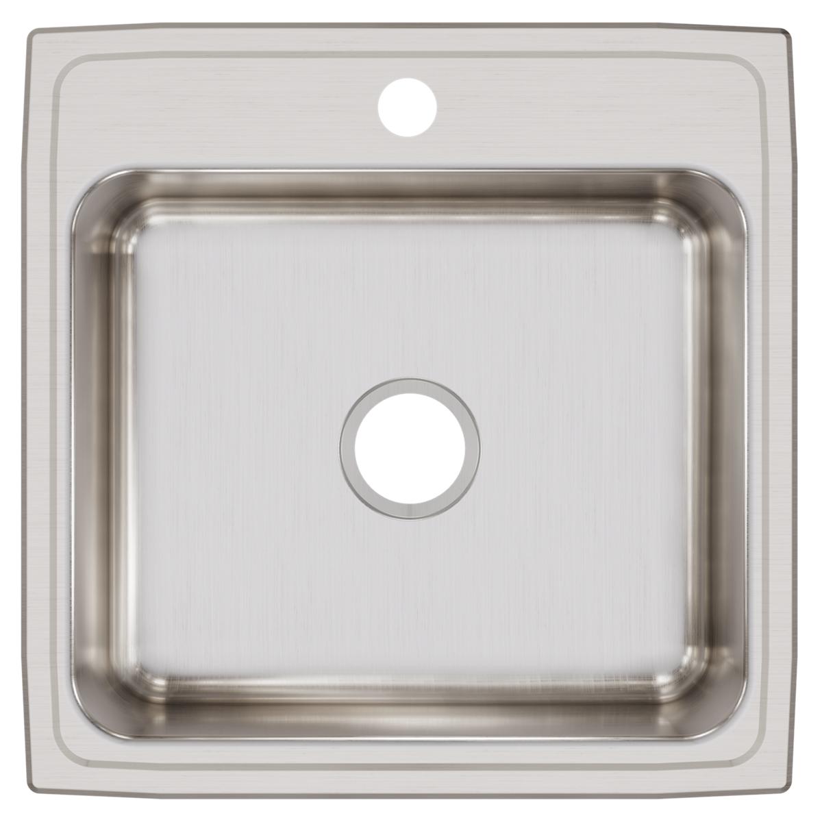 Stainless steel square drop-in sink with single bowl and one faucet hole, brushed finish interior.