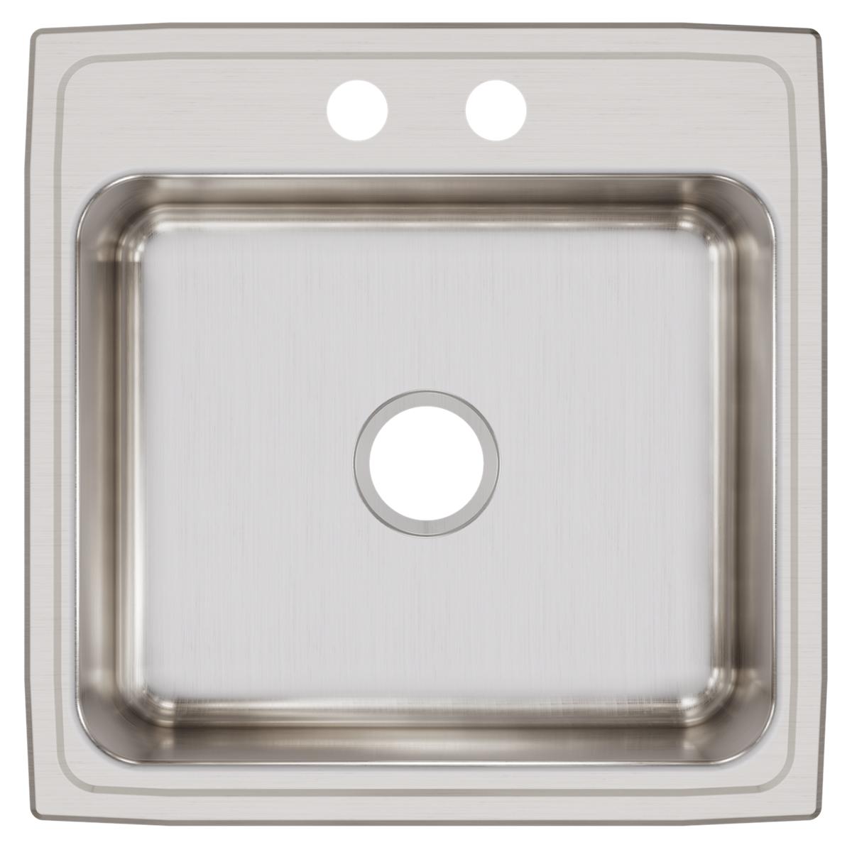 Stainless steel drop-in kitchen sink with single bowl, two faucet holes, and brushed finish.