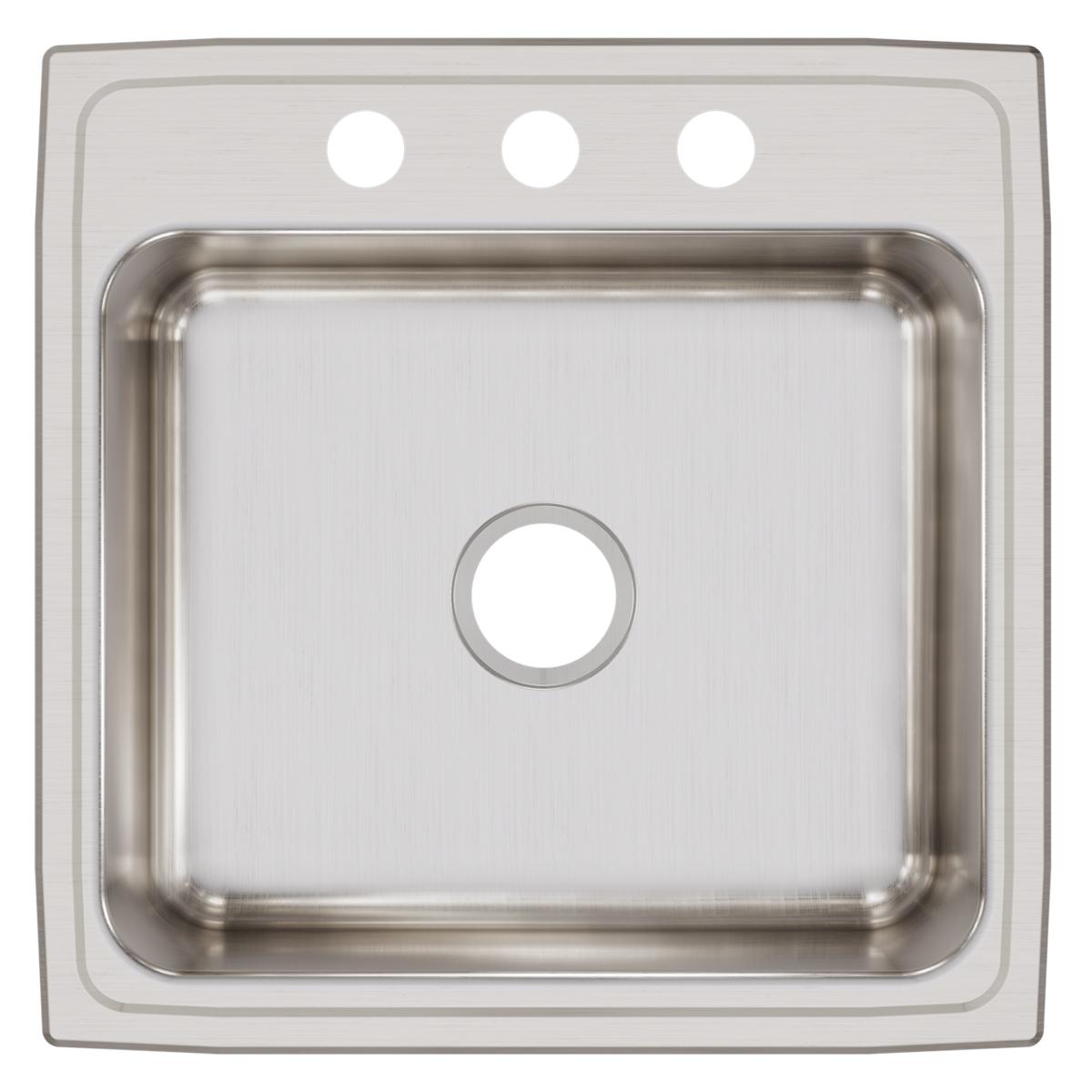 Stainless steel square drop-in sink with single bowl, three mounting holes, and brushed finish surface.