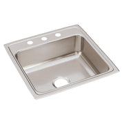 Stainless steel drop-in sink with single bowl, drain hole, and three faucet holes across the rim.
