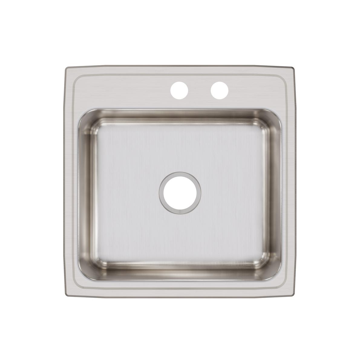 Square stainless steel drop-in sink with single bowl, two faucet holes on rim, and brushed finish surface.