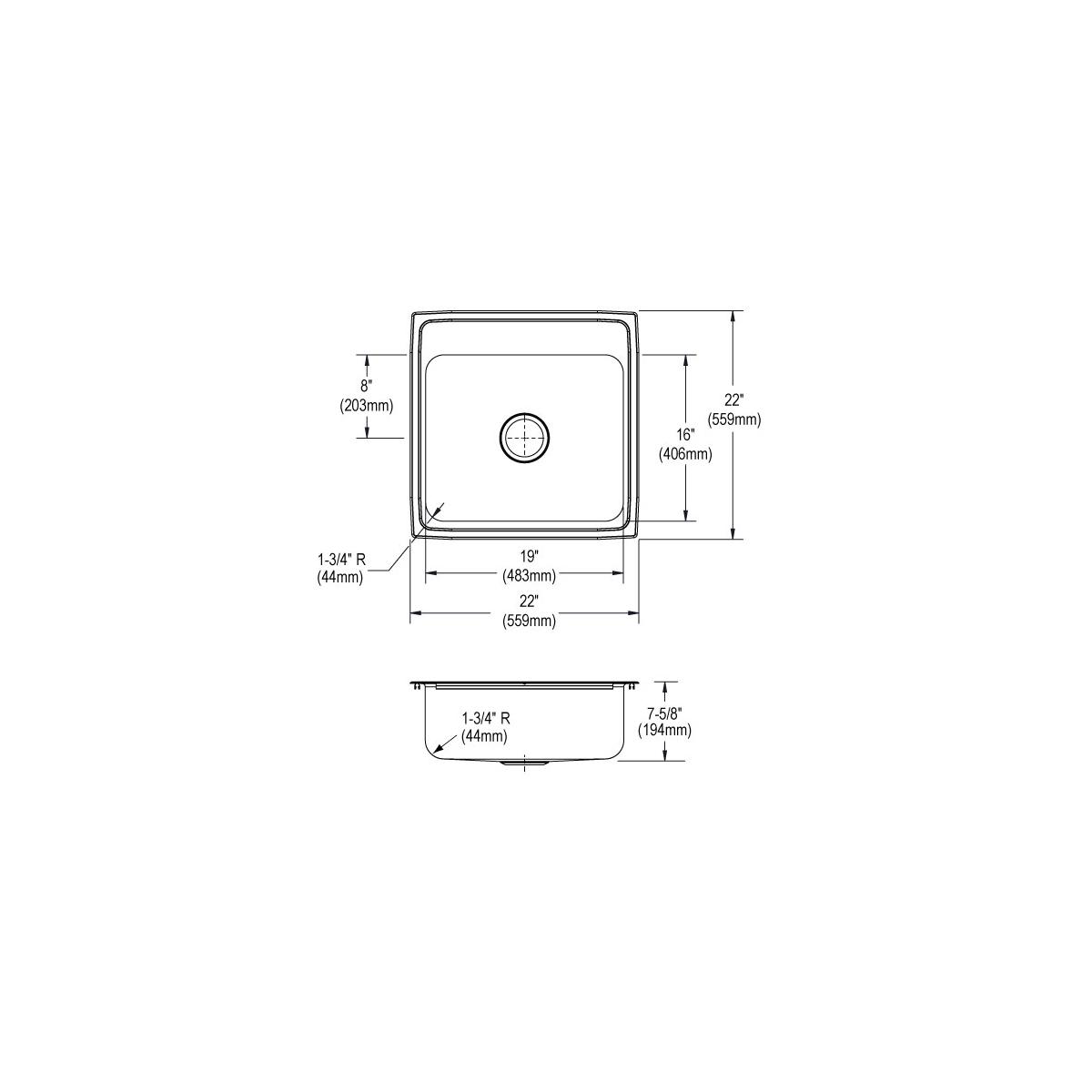 Stainless steel single bowl drop-in sink with four holes and rounded corners, shown in top and side views with dimensions.