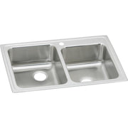 Stainless steel drop-in sink with two unequal bowls and single faucet hole on white rim.