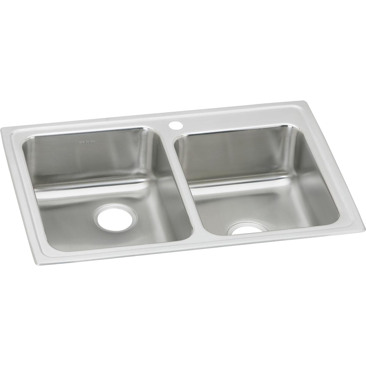 Stainless steel drop-in sink with two unequal bowls and single faucet hole on white rim.