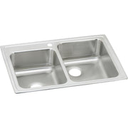 Stainless steel drop-in sink with two unequal bowls, one faucet hole, and white rim.