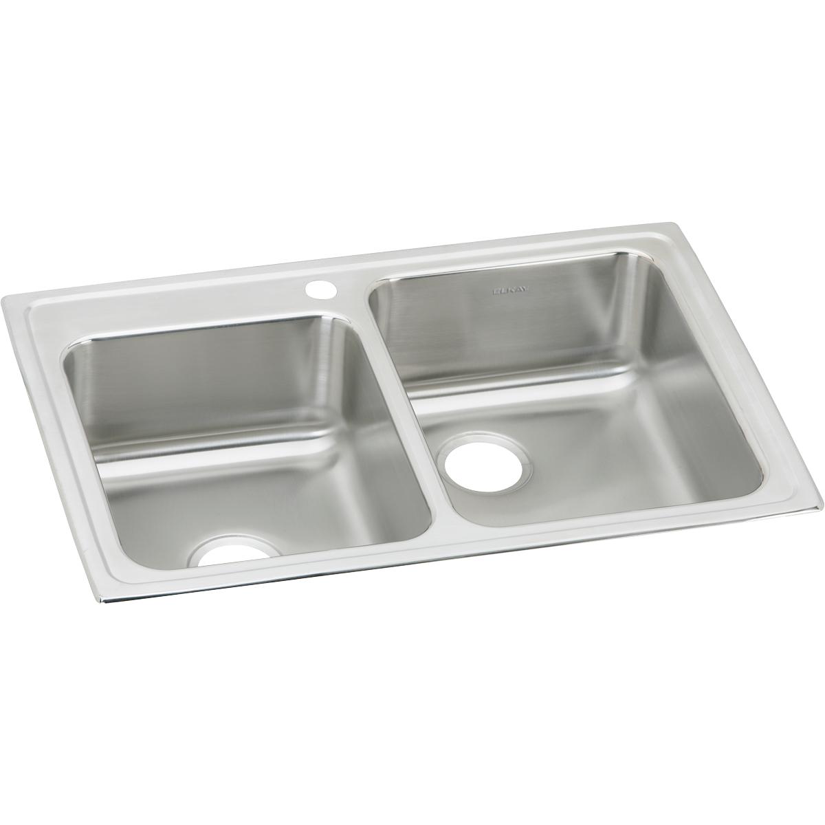 Stainless steel drop-in sink with two unequal bowls, one faucet hole, and white rim.