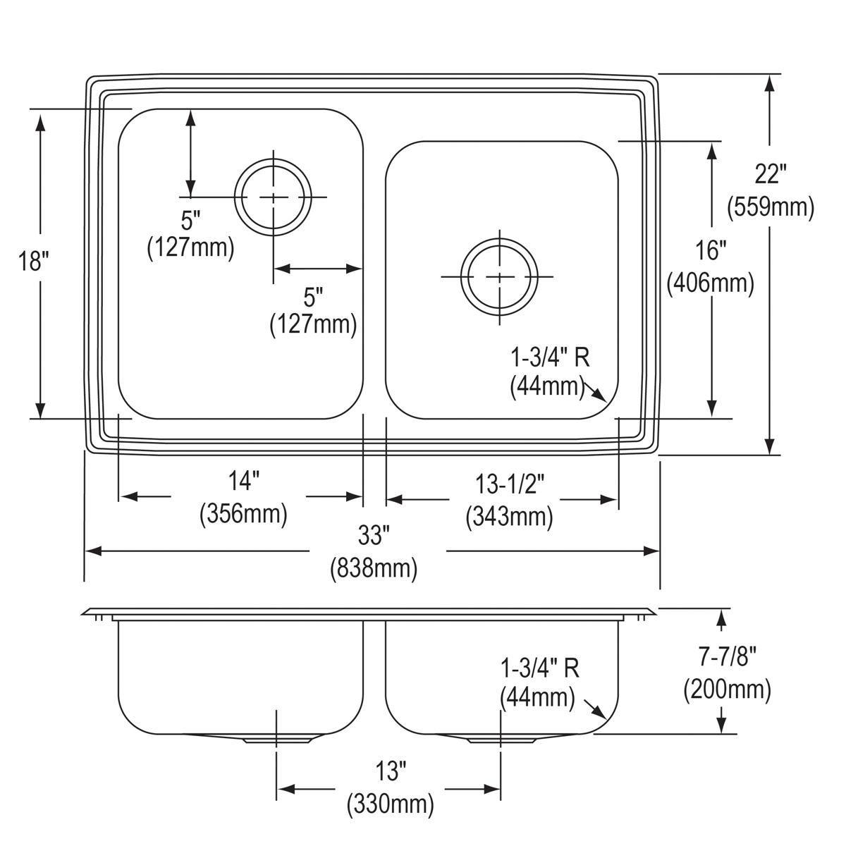 Top-down and side technical drawing of stainless steel double bowl drop-in sink with 60/40 configuration and single faucet ho