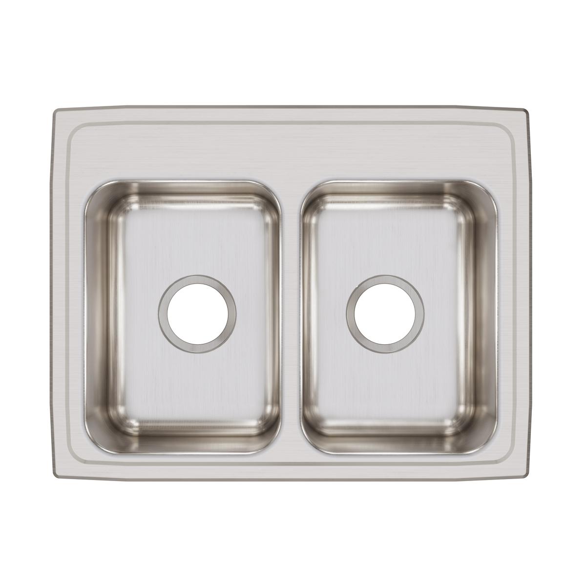 Stainless steel double bowl drop-in sink with two equal rectangular basins and pre-drilled holes, viewed from above.