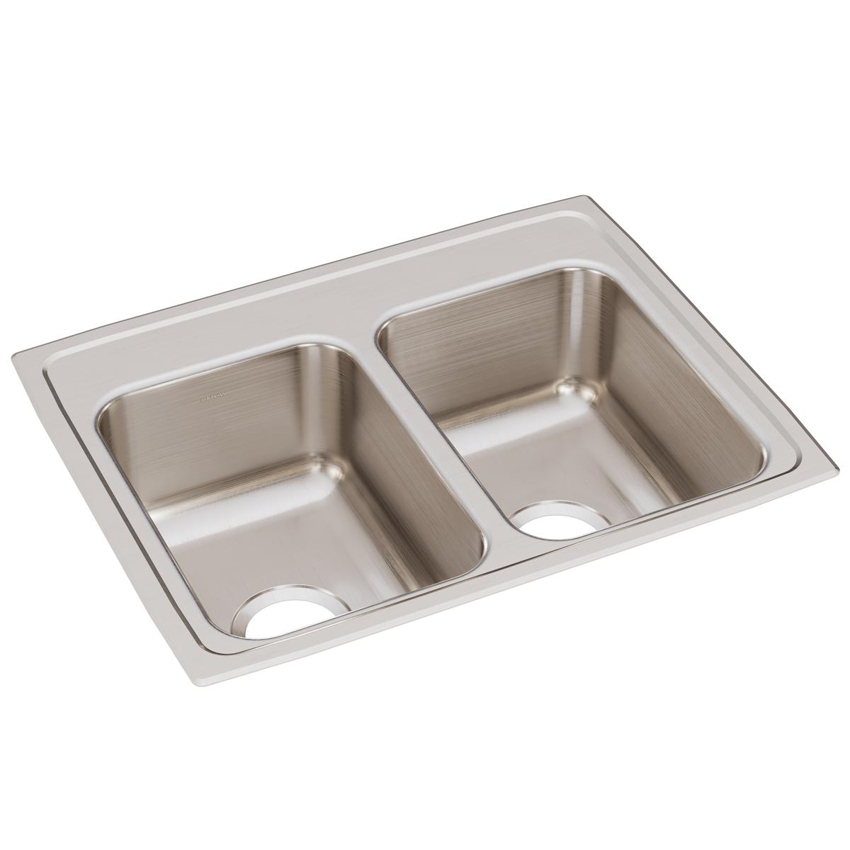Stainless steel drop-in sink with two equal rectangular bowls and brushed finish surface.