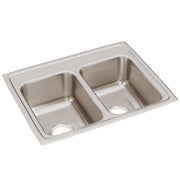 Stainless steel drop-in sink with two equal rectangular bowls and brushed finish surface.