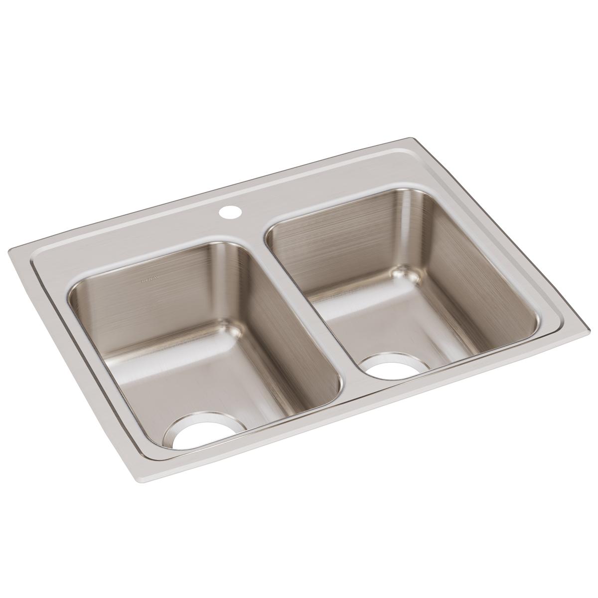 Stainless steel drop-in sink with two equal rectangular bowls and one faucet hole on the rim.
