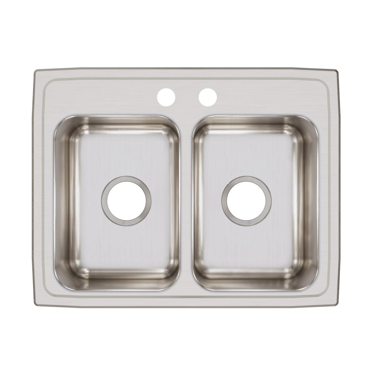 Stainless steel drop-in sink with two equal rectangular bowls and two faucet holes on brushed surface.
