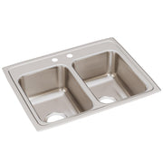 Stainless steel drop-in sink with two equal rectangular bowls and three faucet holes across the rim.