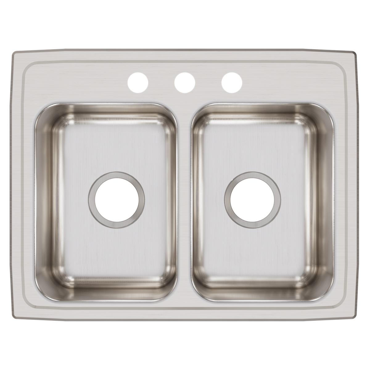 Stainless steel double bowl drop-in sink with three faucet holes across top rim.