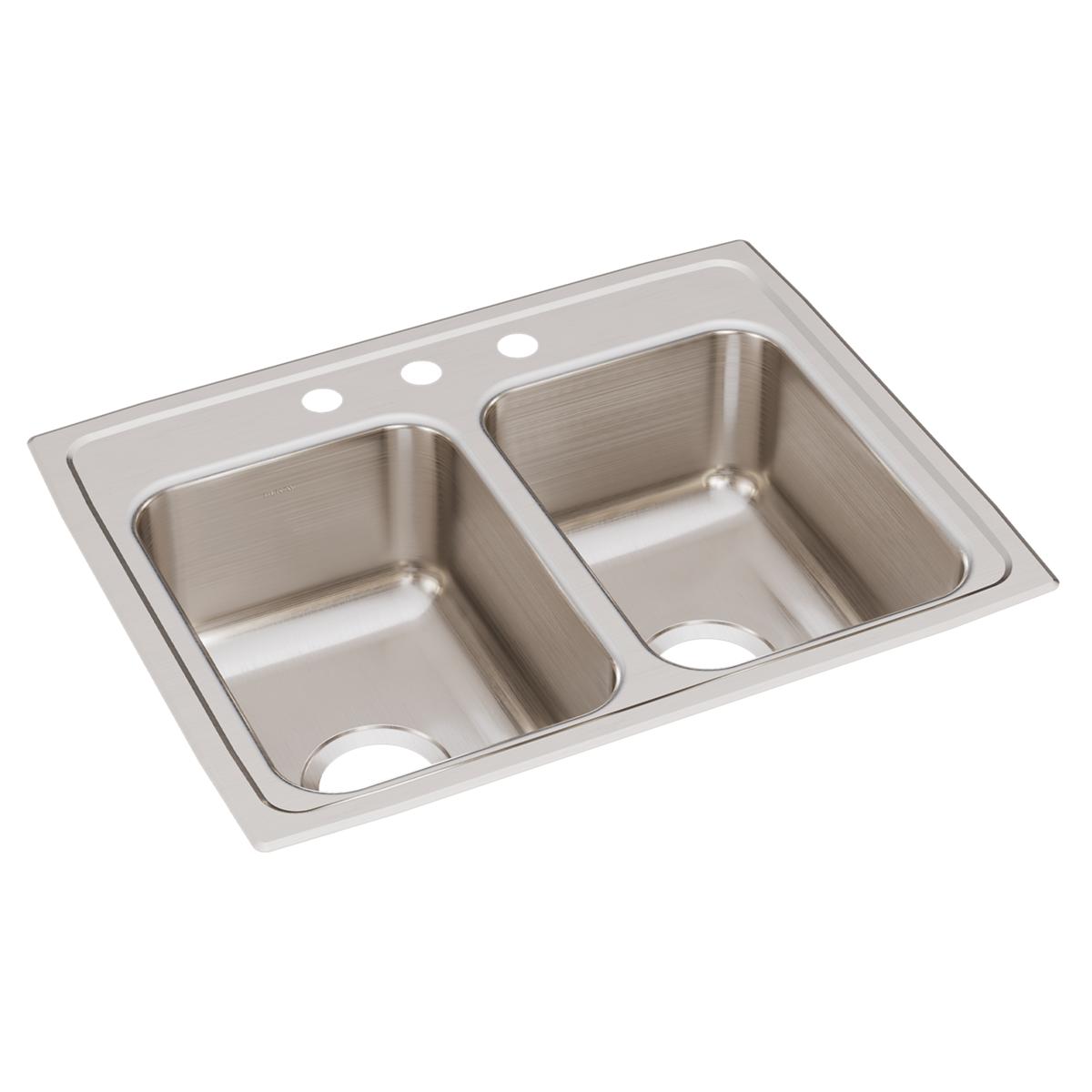 Stainless steel double bowl drop-in sink with brushed finish, three holes on rim, and drain openings in each bowl.