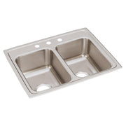 Stainless steel double bowl drop-in sink with two equal rectangular basins and three pre-drilled holes on the rim.