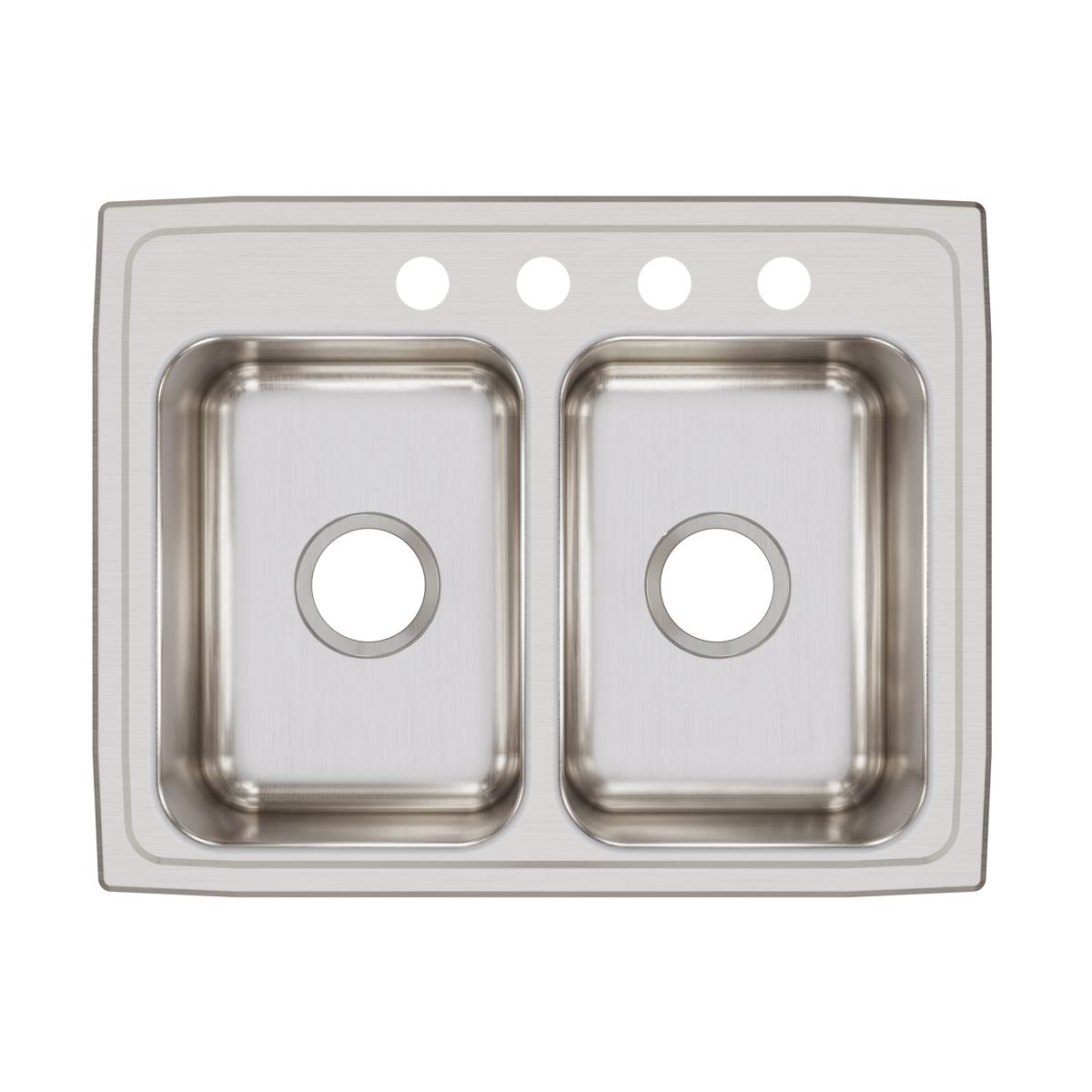 Stainless steel double bowl drop-in sink with four mounting holes across the rim and drain holes in each basin.
