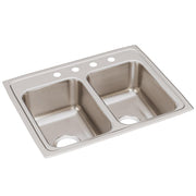 Stainless steel double bowl drop-in sink with four faucet holes and brushed finish.