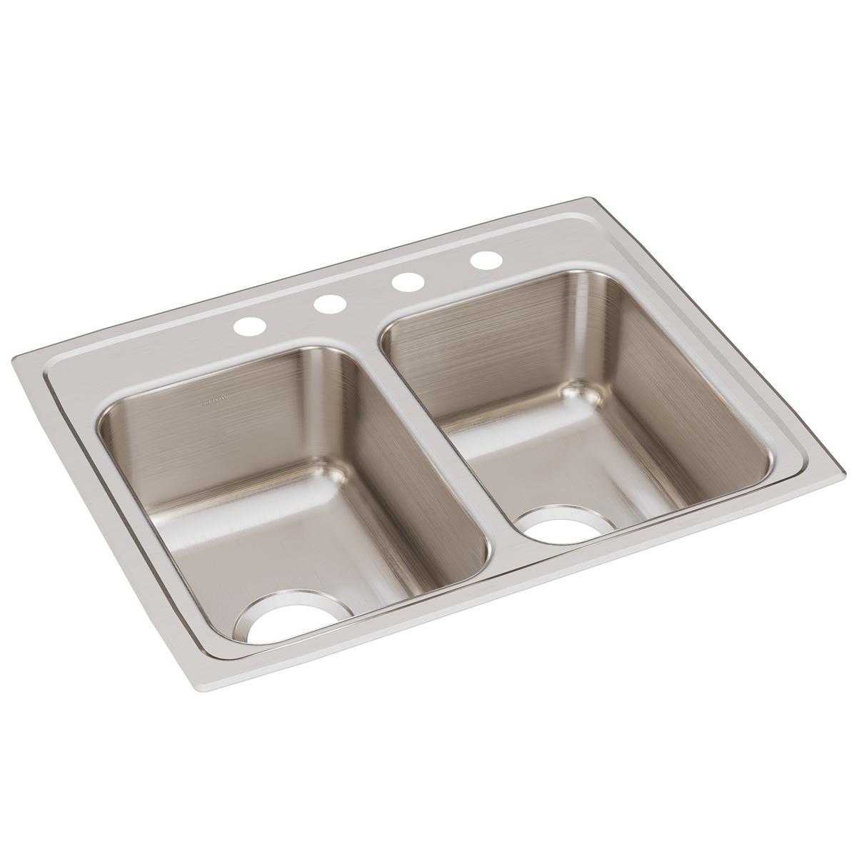 Stainless steel double bowl drop-in sink with four faucet holes and brushed finish.