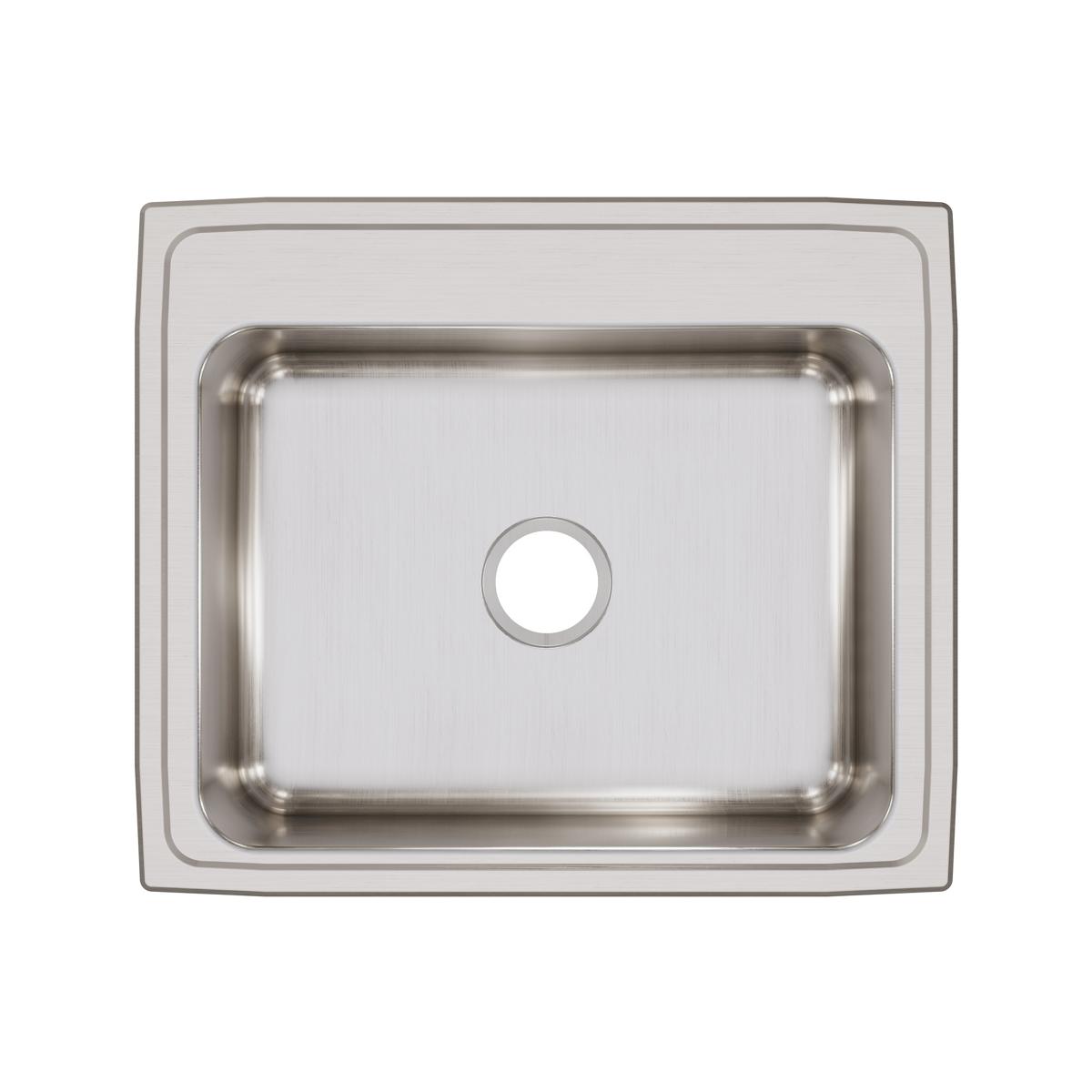 Stainless steel single bowl drop-in sink with brushed finish and one centered hole, viewed from above.