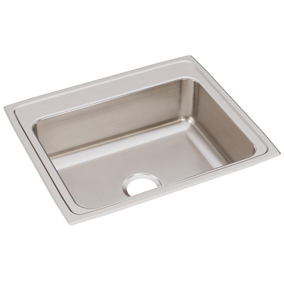Stainless steel drop-in sink with single bowl and drain hole, brushed finish with rounded corners.