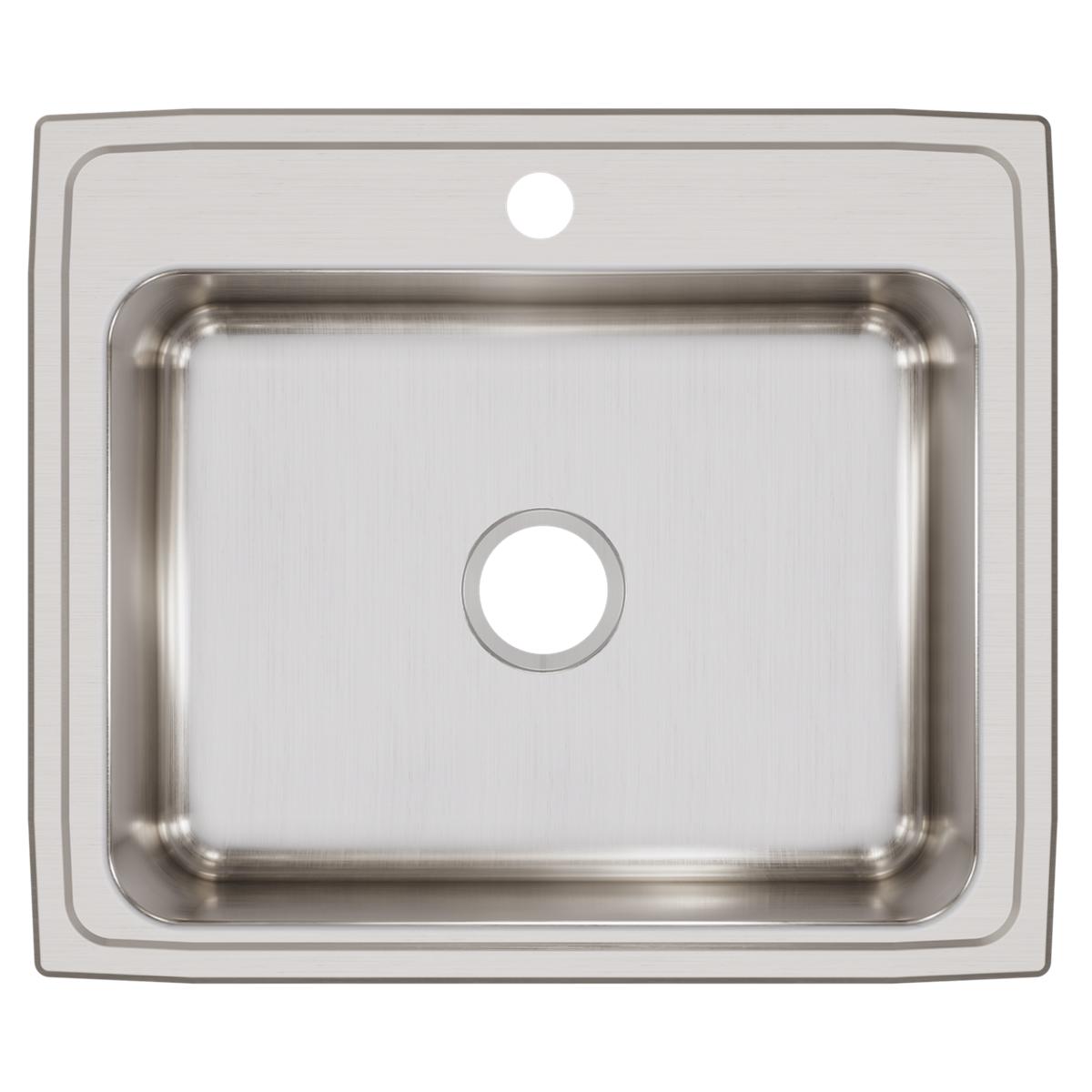 Stainless steel drop-in sink with single rectangular bowl and one faucet hole, viewed from above.