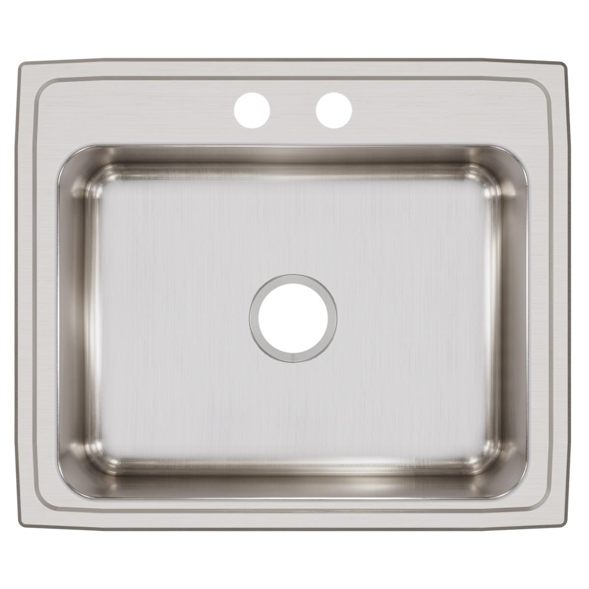 Stainless steel drop-in sink with single bowl, brushed finish, and two pre-drilled holes for faucet installation.