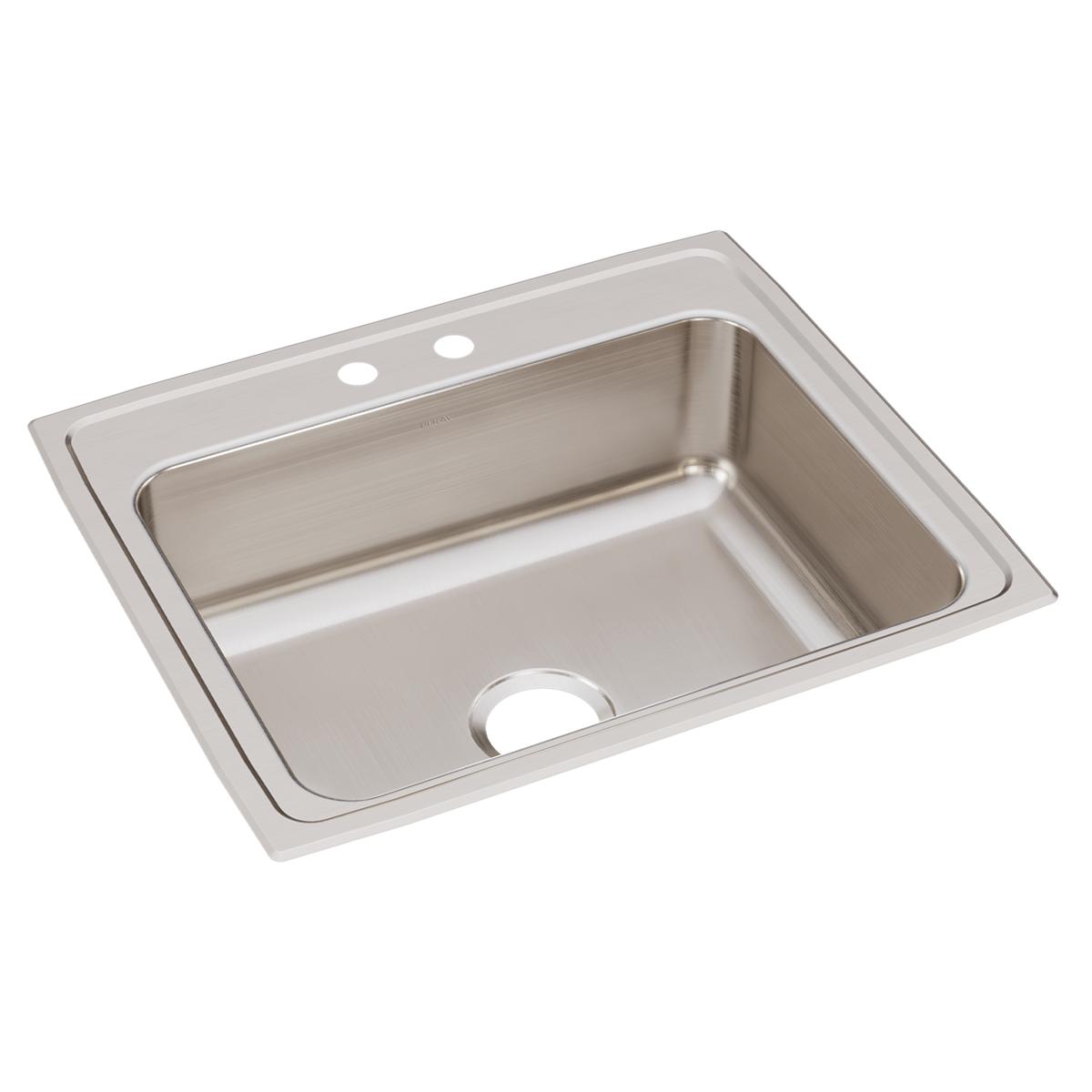 Stainless steel drop-in sink with single bowl, drain hole, and two faucet holes on the rim.