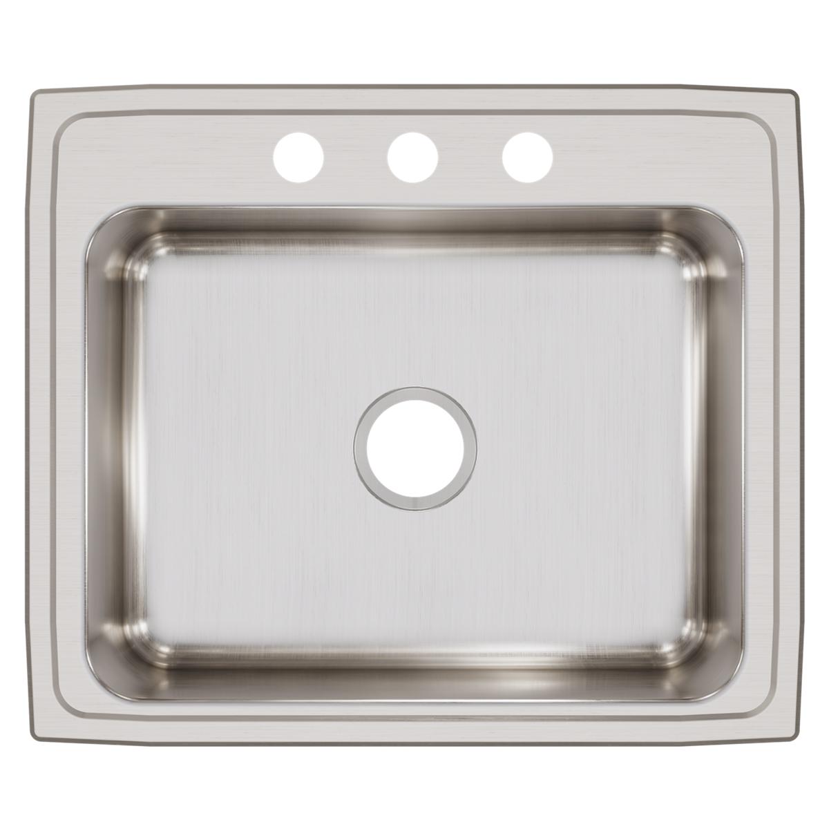 Stainless steel drop-in sink with single rectangular bowl and three holes drilled in rim for faucet mounting.