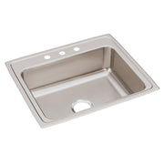 Stainless steel drop-in sink with single bowl, drain hole, and three faucet holes across the rim.