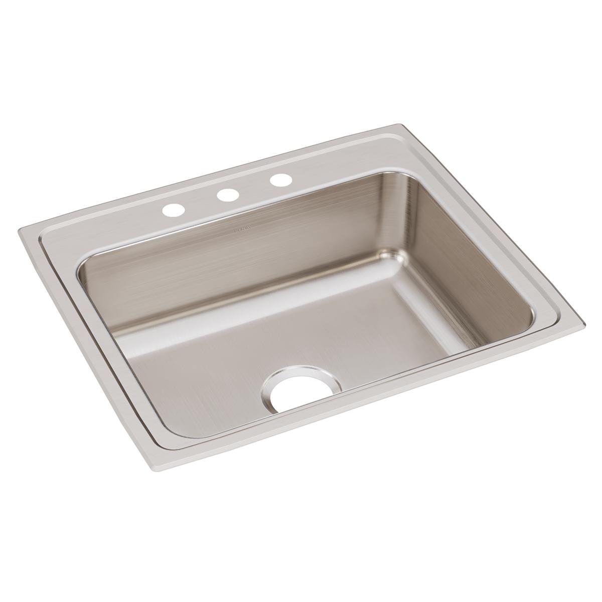Stainless steel drop-in sink with single bowl, drain hole, and three holes for faucet mounting along the rim.