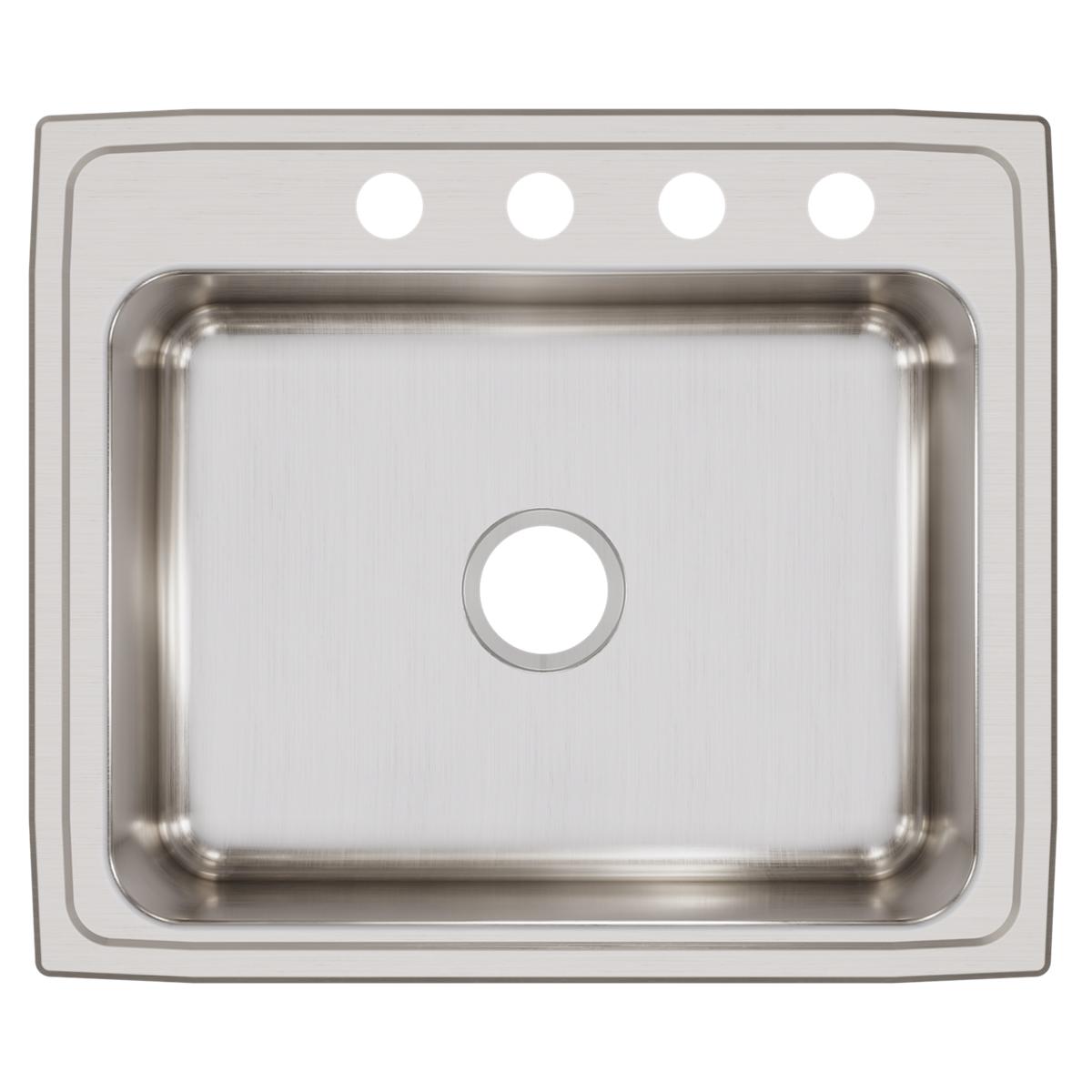 Stainless steel drop-in sink with single bowl, four mounting holes across top rim, and brushed finish surface.