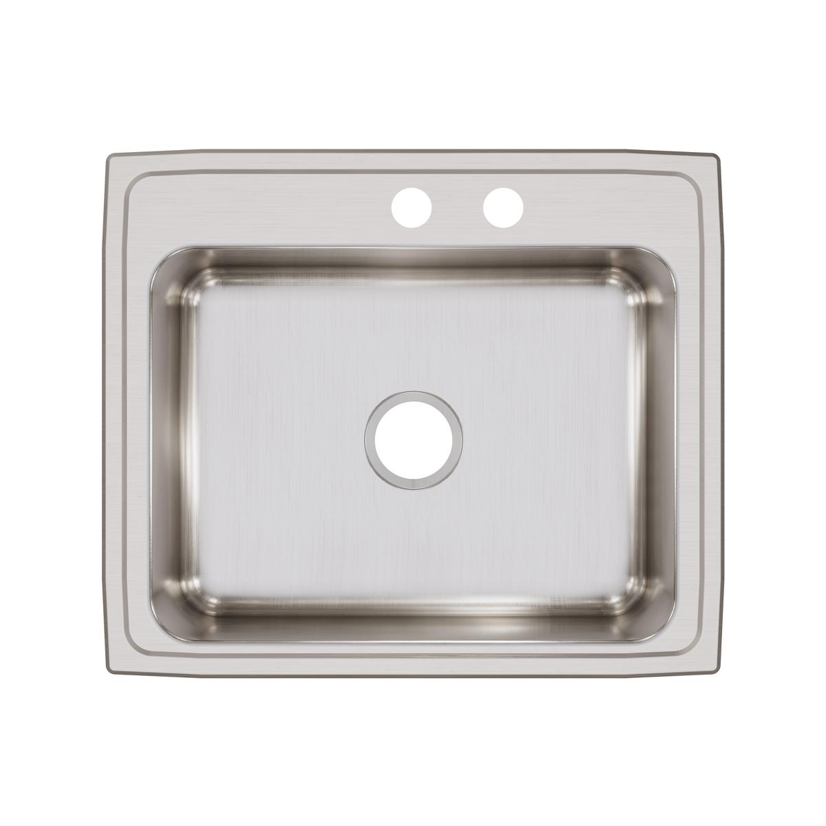 Stainless steel drop-in sink with single bowl, two faucet holes, and brushed finish viewed from above.