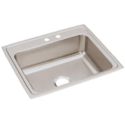 Stainless steel drop-in sink with single bowl, drain hole, and two faucet mounting holes on rim.