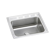 Stainless steel single bowl drop-in sink with four mounting holes along the rim and drain opening.