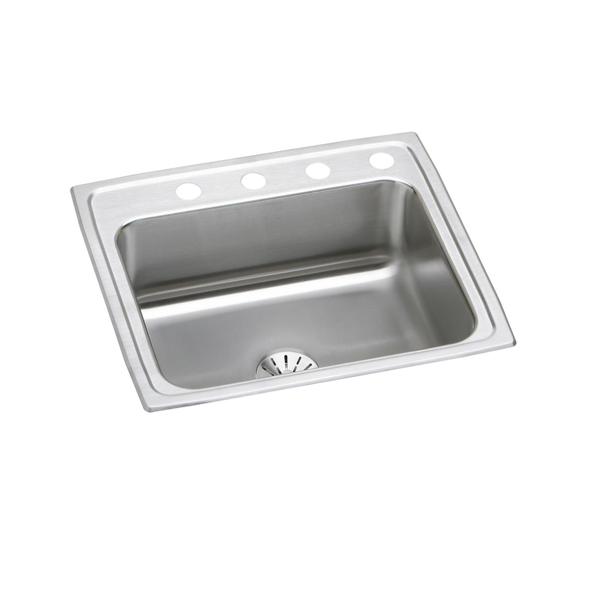 Stainless steel single bowl drop-in sink with four mounting holes along the rim and drain opening.
