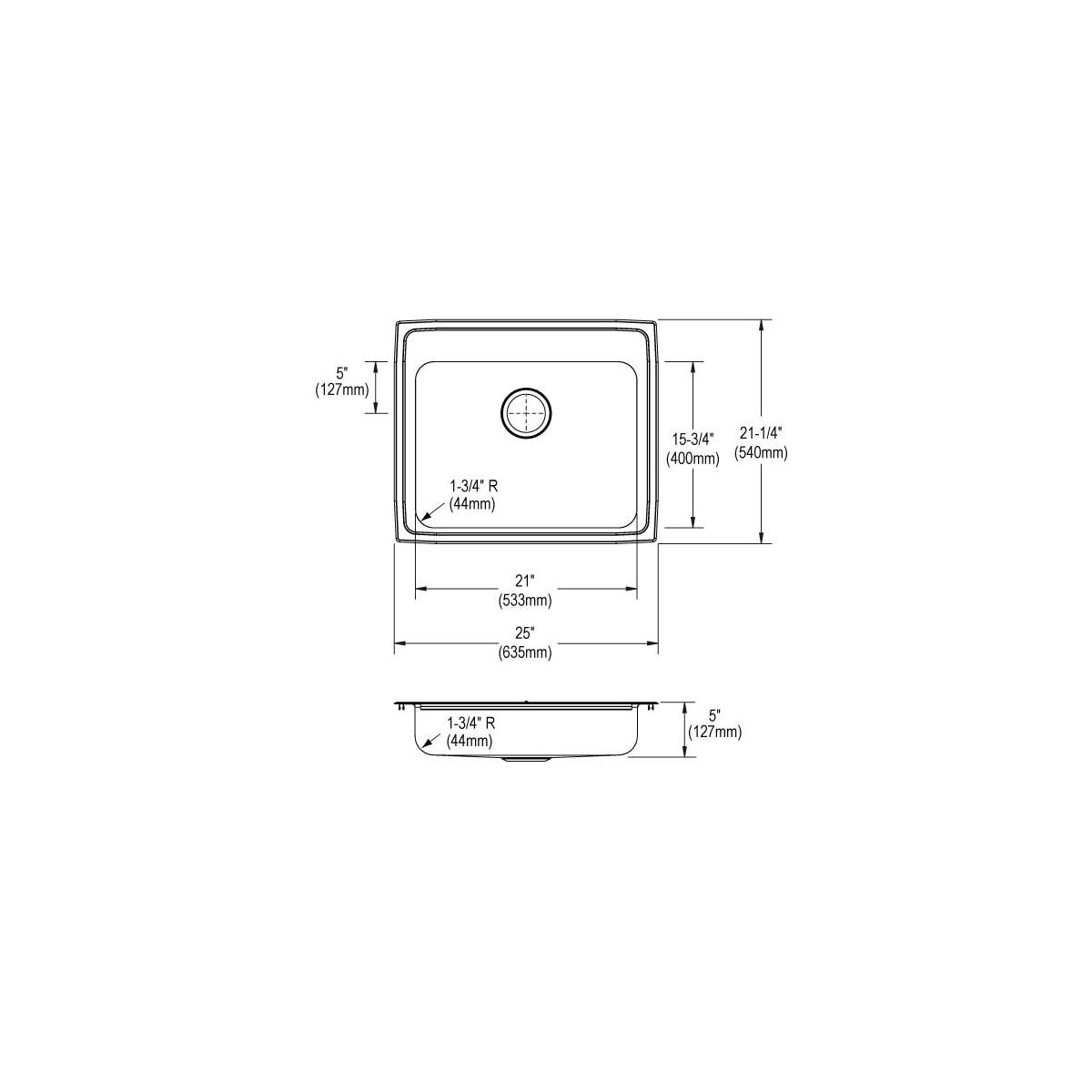 Stainless steel single bowl drop-in sink with rounded corners and center drain, shown in top and side technical drawings with