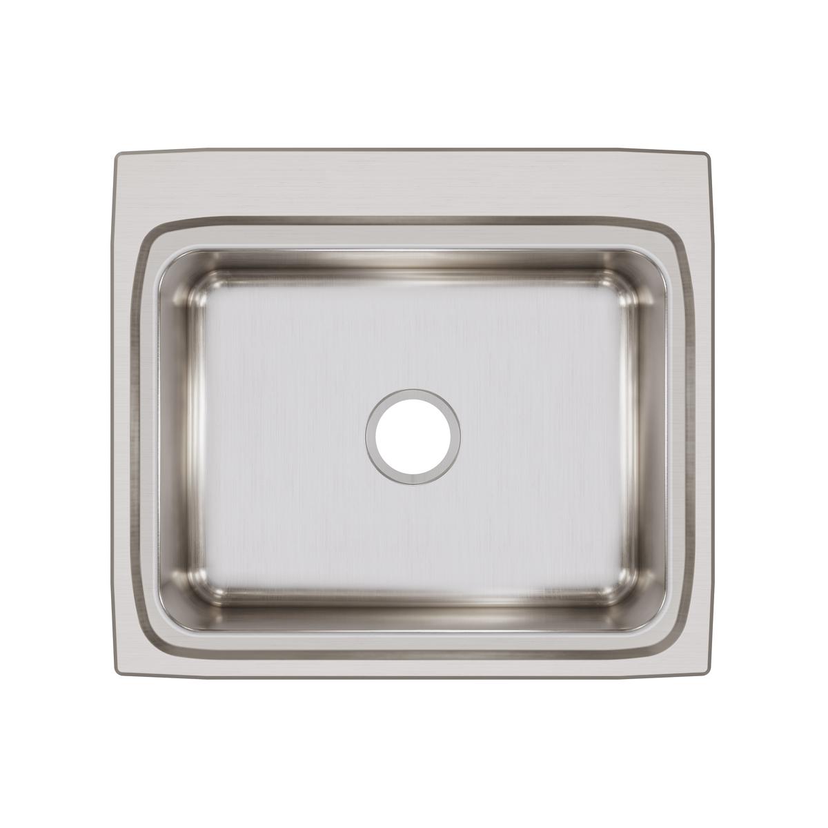 Stainless steel single bowl drop-in sink with brushed finish and one pre-drilled hole, shown from above.