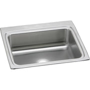 Stainless steel single bowl drop-in sink with brushed finish and rounded rim, shown from above at an angle.