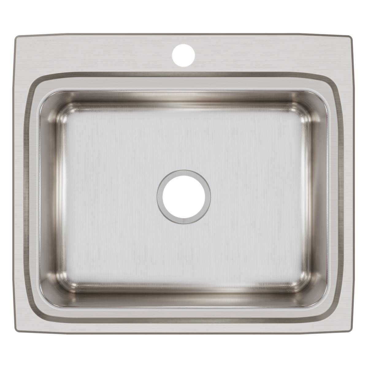 Stainless steel drop-in sink with single bowl, brushed finish, and one faucet hole.